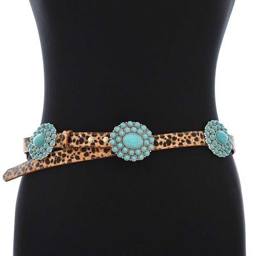 Western Turquoise Flower Concho Floral Leopard Animal Print Belt S/M by Tipi